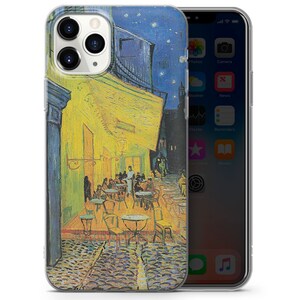 May include: A phone case featuring a painting of a cafe at night with yellow and blue colors. The painting is by Vincent van Gogh and is titled "Cafe Terrace at Night".
