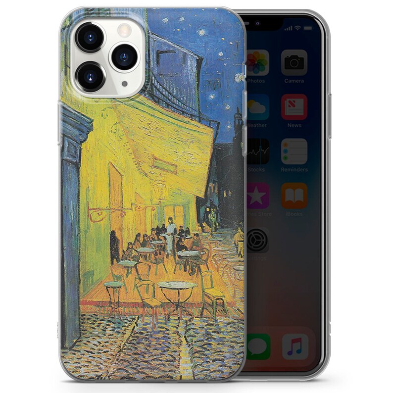 May include: A phone case featuring a painting of a cafe at night with yellow and blue colors. The painting is by Vincent van Gogh and is titled "Cafe Terrace at Night".