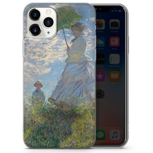 May include: A clear phone case with a painting of a woman in a white dress holding a green umbrella walking in a field of yellow flowers with a boy in a straw hat standing behind her.