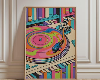 Colorful Record Player Wall Art, Psychedelic Vinyl Print, Modern Music Poster