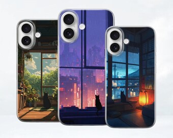 Anime Cat Phone Case, Lofi Japanese Room Design for iPhone, Samsung & Pixel