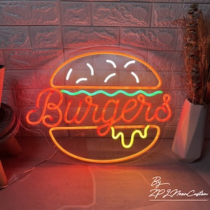 ハンバーガーネオンサイン、食品ネオンサインカスタム、ネオンサインアート、ファーストフードショップサイン、ハンバーガーネオンライトサイン、ショップ看板、レストラン壁装飾