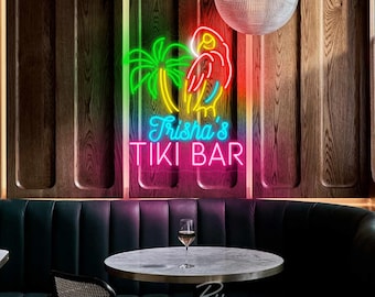 Custom Tiki Bar Neon Sign, Personalized Parrot & Palm Decor