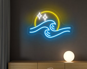 May include: A neon sign featuring a yellow sun, two white stars, and blue waves. The sign is mounted on a dark gray wall above a wooden cabinet. A white stool and a glowing orb lamp are in the foreground. The sign is labeled "By ZPL Neon Custom".