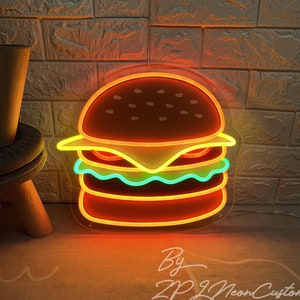 Letrero de neón de hamburguesa Letrero de neón de comida personalizado Letrero de neón con luz LED de hamburguesa Decoración de pared para el hogar Decoración de cafeterías Restaurantes Arte de neón de comida rápida