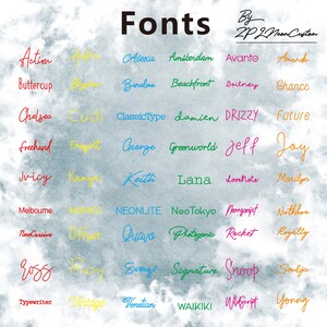 May include: A display of various font styles in different colors, including Action, Alexa, and Buttercup. The word "Fonts" is at the top, with the creator's name in the upper right corner. The background has a cloudy, textured appearance.