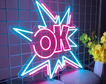 OK Neon Sign, Bar Decoration, Music Pub Shop Store Signage, Led Wall Art, Light Up Sign for Bedroom Home Room Party Decor