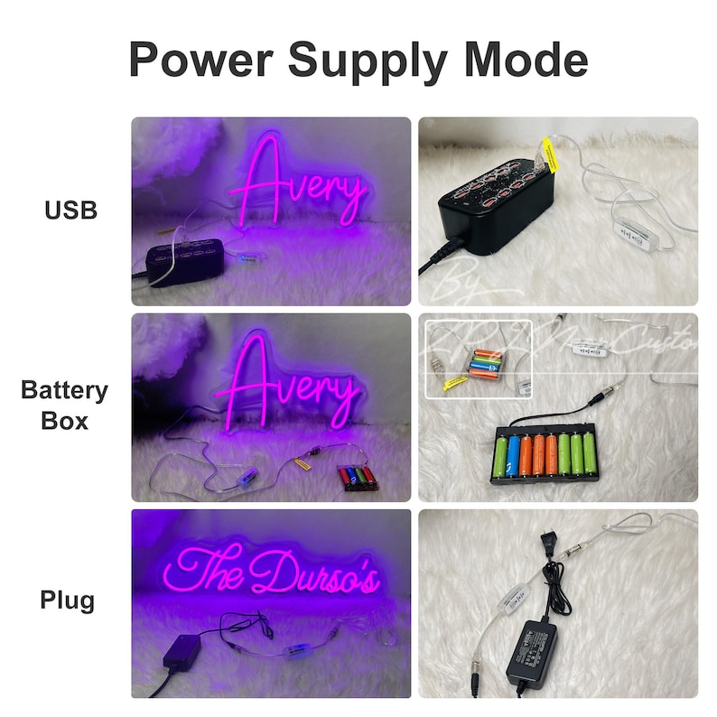 May include: A neon sign in a vibrant purple hue, showcasing the name "Avery" in cursive script. The image demonstrates three power supply modes: USB, Battery Box, and Plug, with corresponding components.