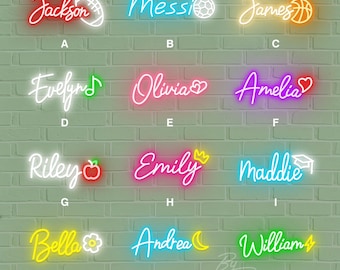 May include: A collection of twelve custom neon signs featuring various names in cursive or print fonts, each paired with a unique glowing icon such as a football, soccer ball, basketball, music note, hearts, apple, crown, graduation cap, flower, moon, or lightning bolt.