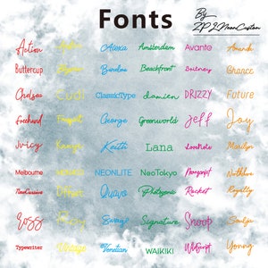 May include: A display of various font styles in different colors, including Action, Alexa, and Buttercup. The word "Fonts" is at the top, with the creator's name in the upper right corner. The background has a cloudy, textured appearance.