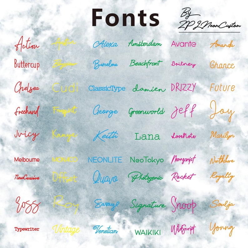 May include: A display of various font styles in different colors, including Action, Alexa, and Buttercup. The word "Fonts" is at the top, with the creator's name in the upper right corner. The background has a cloudy, textured appearance.