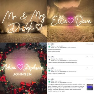 May include: Custom neon signs featuring illuminated script text and heart symbols. Examples include Mr & Mrs Dudek, Ellie and Dave, and Adam and Stephanie Johnsen. These signs display names and dates in bright white or pink light, mounted on clear acrylic backings.