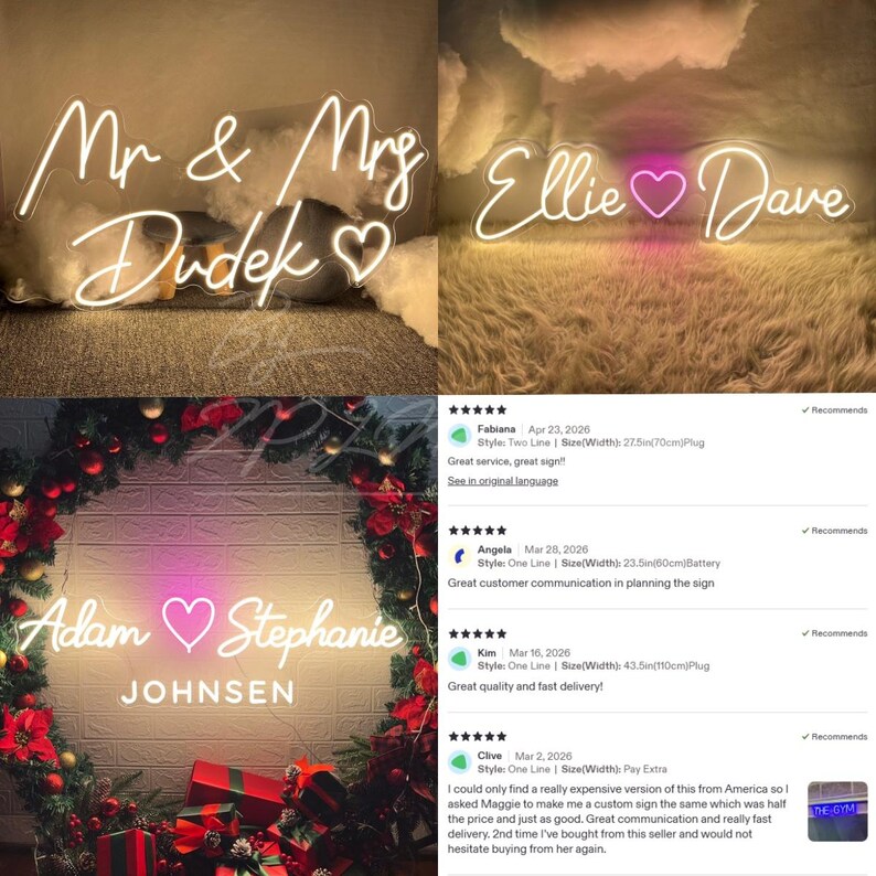 May include: Custom neon signs featuring illuminated script text and heart symbols. Examples include Mr & Mrs Dudek, Ellie and Dave, and Adam and Stephanie Johnsen. These signs display names and dates in bright white or pink light, mounted on clear acrylic backings.