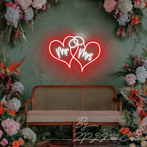 Mr Mrs Neon Sign Double Hearts With Rings Neon Sign Custom