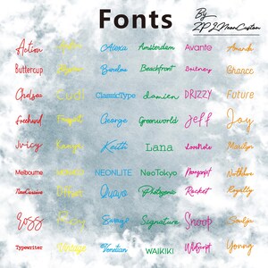 May include: A graphic showcasing various font styles in different colors. The word "Fonts" is displayed at the top, with a signature below. Each font is presented with a sample word, such as "Action" and "Alexa".