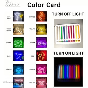May include: A color card showcasing various neon sign colors and designs. Includes examples of cool white, warm white, orange, yellow, green, purple, blue, red, ice blue, hot pink, and light pink. The card also displays a neon sign with the text "CUSTOM Neon Sign".