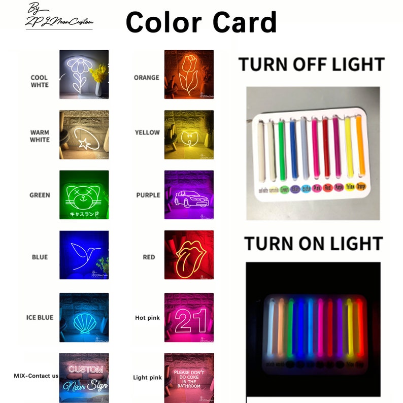 May include: A color card showcasing various neon sign colors and designs. Includes examples of cool white, warm white, orange, yellow, green, purple, blue, red, ice blue, hot pink, and light pink. The card also displays a neon sign with the text "CUSTOM Neon Sign".
