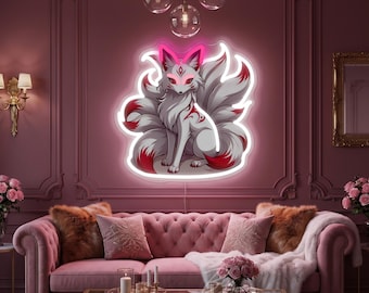May include: A wall-mounted neon sign featuring a stylized nine-tailed fox with white fur and red accents. The fox has pointed ears, glowing red eyes, and a flowing tail design. The sign emits a bright white and pink light, creating a vibrant visual display.
