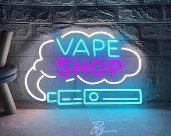 May include: Neon sign with a white cloud and the words "VAPE SHOP" in pink letters. The cloud is above a blue neon image of a vape.