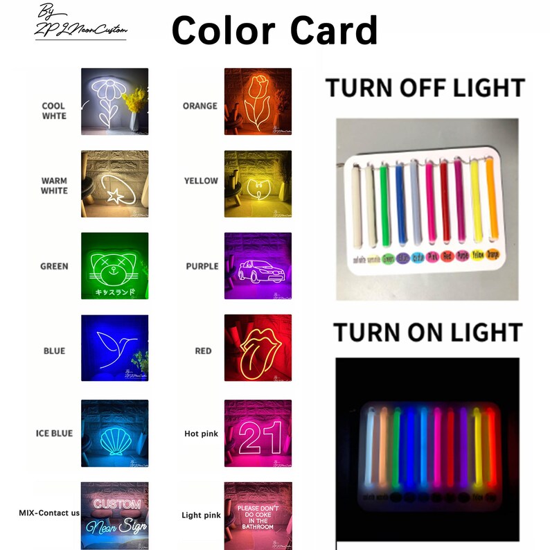 May include: A color card showcasing various neon sign colors, including cool white, orange, yellow, green, blue, ice blue, hot pink, and light pink. The card also displays neon sign examples and the text "Color Card".