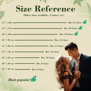 May include: A size reference chart for custom neon signs featuring a list of lengths from 16 inches to 47 inches, corresponding to character limits from 6 to 24. The text includes Size Reference, Other sizes available, Contact me!, and Most popular.