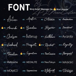 May include: A black chart displaying twenty-eight numbered font styles in white text. The list includes names like Action, Austin, Alexa, Amsterdam, Amanda, Barcelona, Bayview, Beachfront, Chelsea, Buttercup, Northshore, Avante, Freehand, Freespirit, Rocket, Royalty, Venetian, Signature, NewCursive, Neonscript, Melbourne, NEONLITE, NeoTokyo, WAIKIKI, MONACO, Typewriter, WildScript, and Vintage.