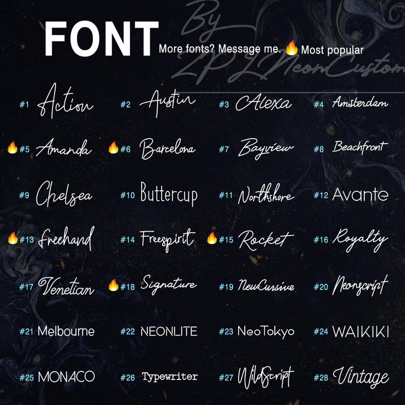 May include: A black chart displaying twenty-eight numbered font styles in white text. The list includes names like Action, Austin, Alexa, Amsterdam, Amanda, Barcelona, Bayview, Beachfront, Chelsea, Buttercup, Northshore, Avante, Freehand, Freespirit, Rocket, Royalty, Venetian, Signature, NewCursive, Neonscript, Melbourne, NEONLITE, NeoTokyo, WAIKIKI, MONACO, Typewriter, WildScript, and Vintage.