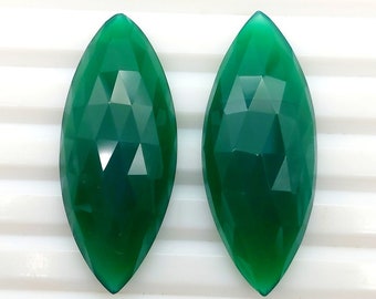 Green Onyx 2 Pcs Set, Marquise Shape Rose Cut One Side Checker Cut Flat Bottom, 32x15x7 MM Handmade Green Onyx, Pair Green Onyx Gemstone