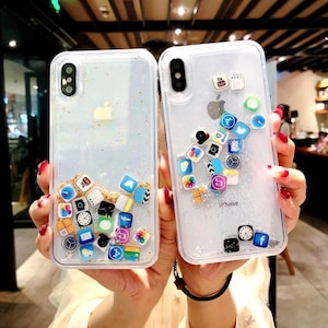 Luxury Dynamic Liquid Glitter cute Icon Phone Case For iPhone 15 14 13 12 11 Pro X XR XS MAX 7 8Plus Quicksand Back Case For iPhone