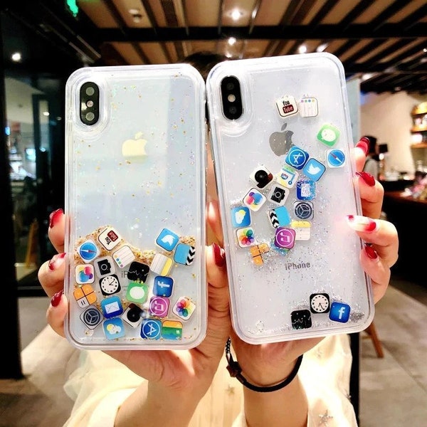 Luxury Dynamic Liquid Glitter cute Icon Phone Case For iPhone 15 14 13 12 11 Pro X XR XS MAX 7 8Plus Quicksand Back Case For iPhone
