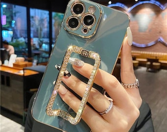 3D Crystal Square Holder Gold Plating Phone Case For iphone 14 13 12 11 Pro Max MiNi 11 13 Pro X XS XR 6 S 7 8 Plus 12Pro SE Cover