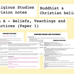 Pode incluir: Um folheto com notas sobre as crenças e práticas budistas e cristãs. O folheto inclui informações sobre a história, os ensinamentos e as práticas de ambas as religiões. O folheto é intitulado "Religious Studies Revision Notes" e "AQA A - Beliefs, Teachings and Practices (Paper 1)".