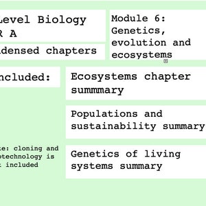 May include: A green and white document with the text "A Level Biology OCR A Condensed chapters" and "Included: Ecosystems chapter summary, Populations and sustainability summary, Genetics of living systems summary". The document also includes the text "Note: cloning and biotechnology is not included" and "Module 6: Genetics, evolution and ecosystems".