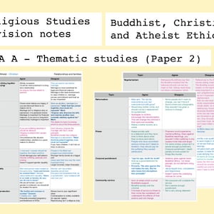 Pode incluir: Um gráfico rosa e amarelo com o título "Religious Studies Revision Notes" e "Buddhist, Christian and Atheist Ethics". O gráfico é dividido em seções com tópicos como "Relacionamentos e famílias", "Vegetarianismo", "Reforma", "Prisão", "Punição corporal", "Serviço comunitário" e "Sexo para reprodução". Cada seção tem colunas para "Concordo", "Discordo" e "Discussão".