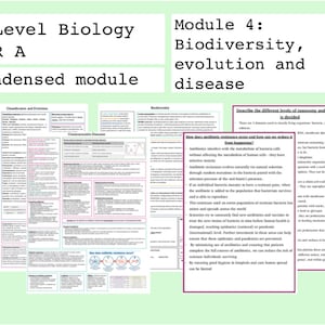 May include: A green background with a white title that reads "A Level Biology OCR A Condensed Module". The title is centred on the page. Below the title, there are three columns of text with headings "Classification and Evolution", "Communicable Diseases", and "Radioactivity". The text is in black and white and is divided into sections with headings and subheadings. The text is about biology and the different levels of taxonomy. The text also discusses how antibiotic resistance is happening and how it can be reduced.