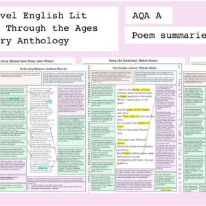 以下が含まれることがあります： ピンクとグリーンのハンドアウトに、「A Level English Lit Love Through the Ages Poetry Anthology AQA A Poem Summaries」というテキストが書かれており、ジョン・ウィルモットの「A Song (Absent from Thee)」、アンドリュー・マーベルの「To His Coy Mistress」、ロバート・バーンズの「Song (Ae fond kiss)」、ウィリアム・ブレイクの「The Garden of Love」、トーマス・ハーディの「The Ruined Maid」などの詩の要約が含まれています。