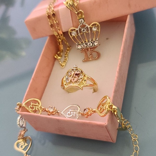 14k Gold Plated "Mis Quince"  Bracelet, Ring & Necklace Set  ~ Lindo Set (Cadena, Anillo y Brazalete) XV Años en Oro Laminado