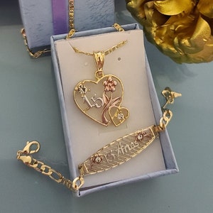 14k Tricolor Gold Plated &quot;Mis XV&quot;  Set Necklace & Bracelet ~ Set Cadena y Brazalete para tus Quince en Oro Laminado, &quot;Perfect for &quot;Mis 15&quot;