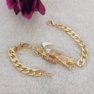 14k Gold Plated Grim Reaper Bracelet Cuban Links - Pulcera SANTA MUERTE Oro Laminado- Mother&#39;s Day, Father&#39;s Day, Valentine&#39;s Day, Christmas