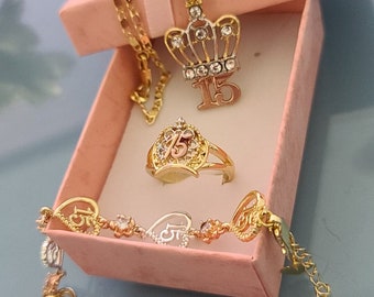 14k Gold Plated mis Quince Bracelet Ring Necklace Set Lindo Set cadena Anillo Y Brazalete XV Anos En Oro Laminado Etsy