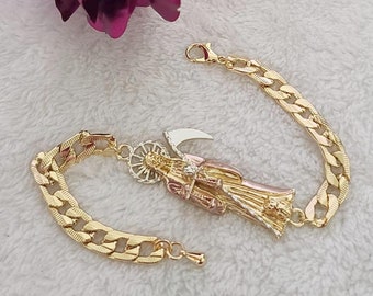 14k Gold Plated Grim Reaper Bracelet Cuban Links - Pulcera SANTA MUERTE Oro Laminado- Mother's Day, Father's Day, Valentine's Day, Christmas