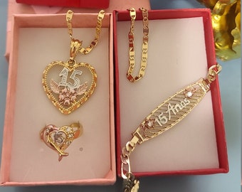14k Gold Plated mis Quince Bracelet Ring Necklace Set Lindo Set cadena Anillo Y Brazalete XV Anos En Oro Laminado Etsy