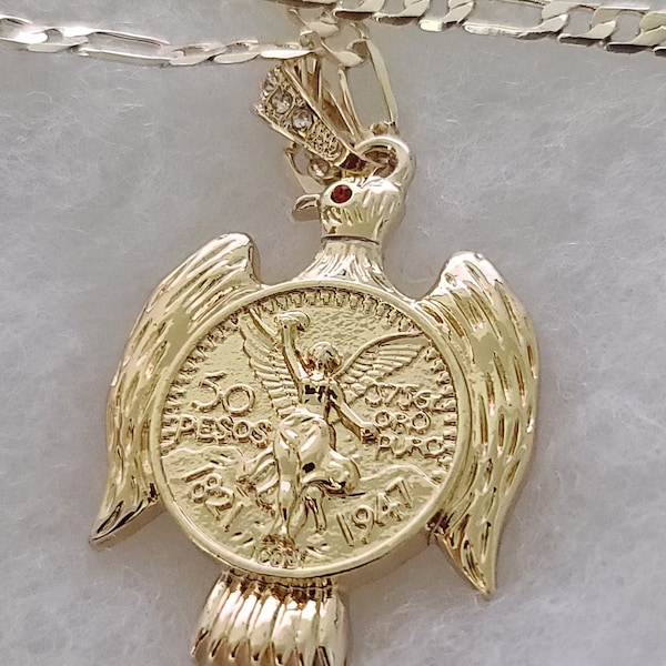 14k Tricolor Gold Plated Eagle Pendant & Necklace, Freedom Eagle "Centenario Mexicano".  Cadena en Oro Laminado