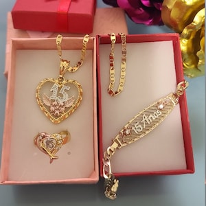 14k Gold Plated "Mis Quince"  Bracelet, Ring & Necklace Set  ~ Lindo Set (Cadena, Anillo y Brazalete) XV Años en Oro Laminado