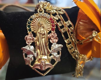 14k Gold Plated | Virgin Mary Big Pendant Necklace | Cadena Virgen Guadalupe | Oro Laminado | Catholic Jewelry | Special Gift | Deal Today |