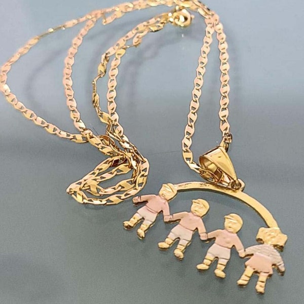 14K tricolor Gold Plated Kids Charms Family Necklace. Boys and Girls. Oro Laminado~ Mother's Day, Valentine's Day, Christmas - Perfect Gift!