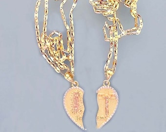 14k Gold Plated Cross & Virgen Necklace | Te Amo Split - Not Split Pendant | Cadena Virgen Guadalupe - Cruz | Oro Laminado | Deal Today |