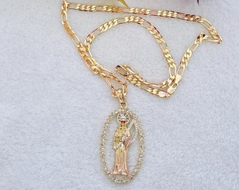 14k Yellow Gold La Santa Muerte Necklace For Women And Men - Holy...