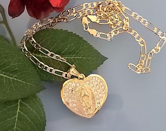 14k Gold Plated Virgin Mary & Heart Necklace ~ Amazing Our Lady of Guadalupe ~ Bella Cadena de la Virgen de Guadalupe en Oro Laminado