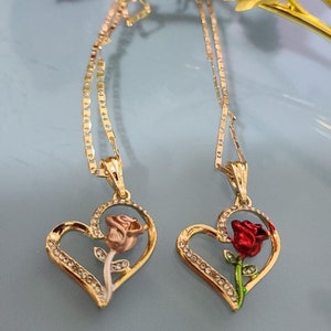 14k Gold Plated Rose & Heart Necklace, Bella Cadena Rosa en Oro Laminado -Special Mother's Day, Valentine's Day, Christmas, any holiday!